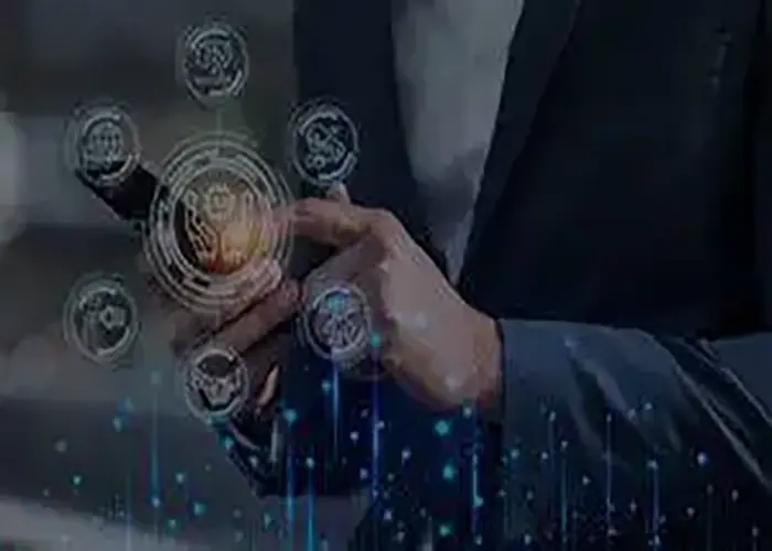 Business professional interacting with digital interface graphics representing technology integration, digital adoption, and business collaboration.