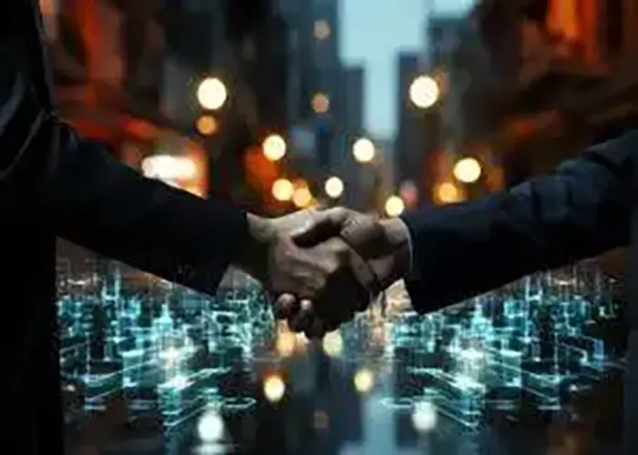 Alt text: Two business professionals shaking hands over a digital cityscape, symbolizing a strategic partnership and enhanced customer experience through technology.