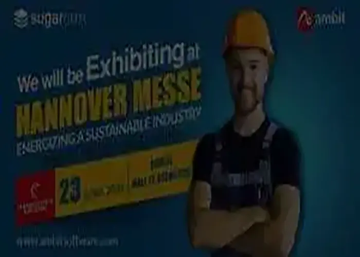 Construction professional wearing a yellow hard hat and workwear, featured on a promotional banner for Ambit Software at Hannover Messe 2024.