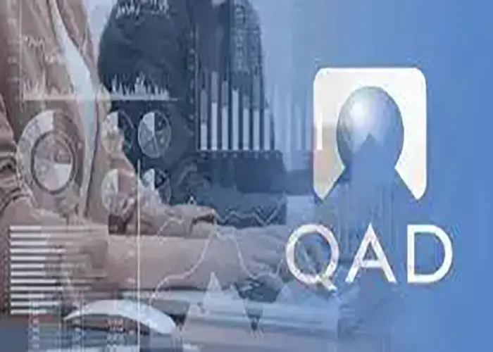 QAD logo displayed over a background of industrial manufacturing equipment, representing digital transformation and strategic collaboration in manufacturing.