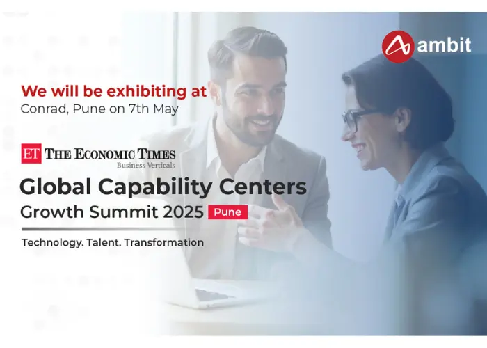 Ambit announces its participation at The Economic Times Global Capability Centers Growth Summit 2025 in Pune on May 7 at Conrad, highlighting technology, talent, and transformation. The banner features two professionals in conversation and the Ambit logo.