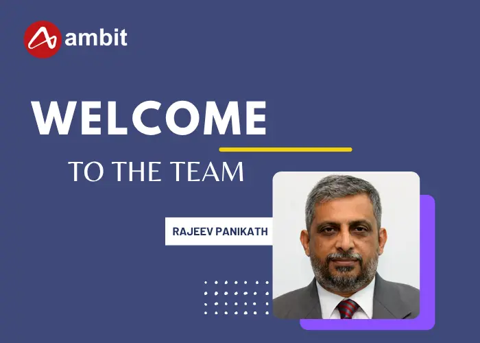 Ambit welcomes Rajeev Panikath to its team, featuring his portrait against a blue background with the Ambit logo and a “Welcome to the Team” message.
