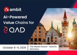 Ambit promotes its participation in QAD Champions of Manufacturing Europe 2026, showcasing AI-powered value chains for QAD. The event takes place on October 8–9, 2026, at The Westin Grand in Munich, Germany, with a cityscape of historic Munich architecture in the background.